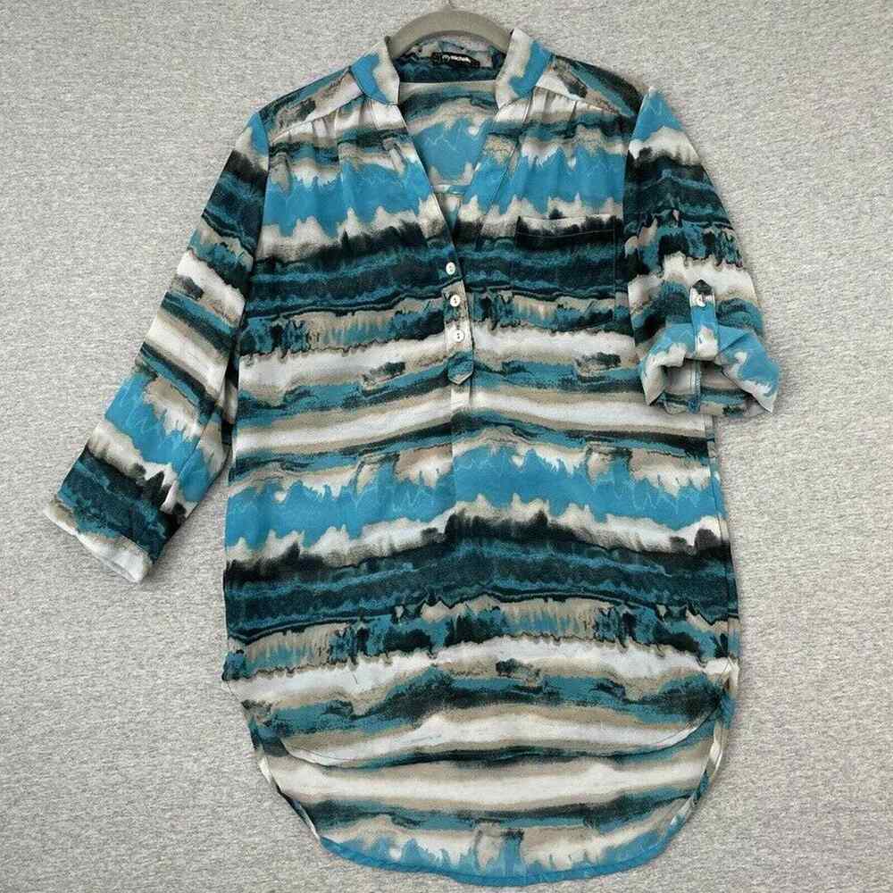 My Michelle Blouse Womens Small Blue Top V Neck Sheer Roll Tab Sleeve Casual
